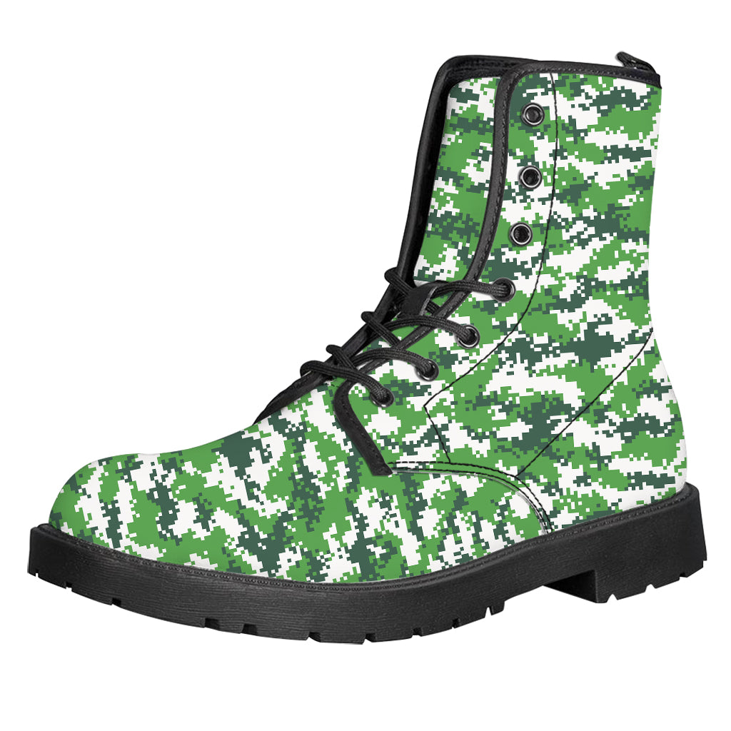 Green And White Digital Camo Print Leather Boots