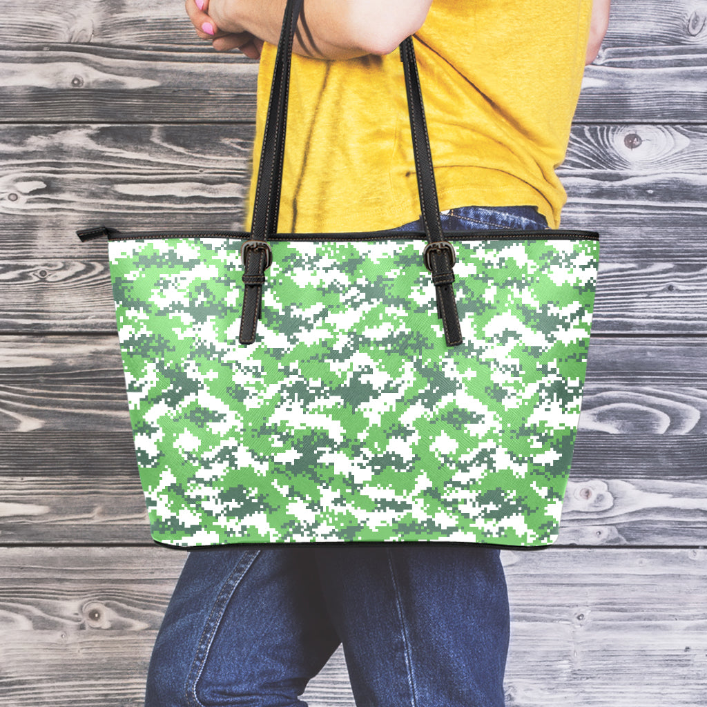 Green And White Digital Camo Print Leather Tote Bag