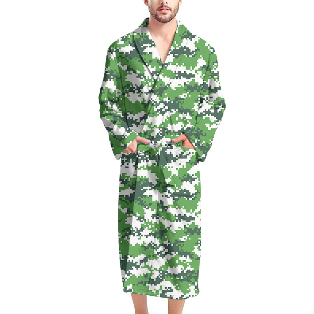 Green And White Digital Camo Print Men's Bathrobe