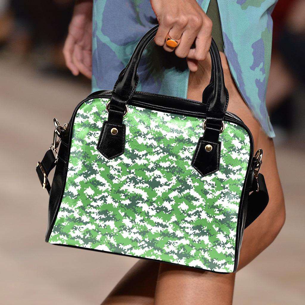 Green And White Digital Camo Print Shoulder Handbag