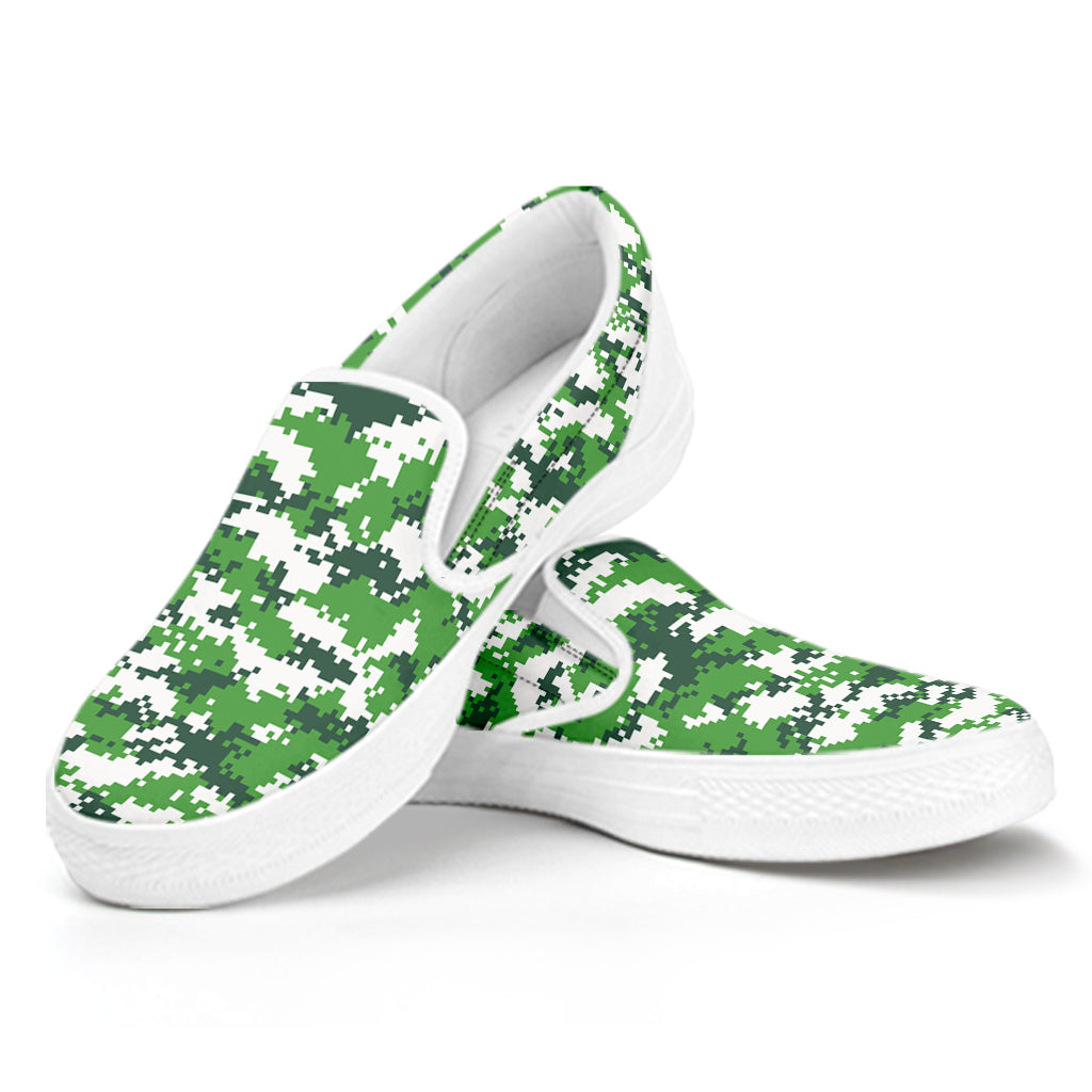 Green And White Digital Camo Print White Slip On Shoes