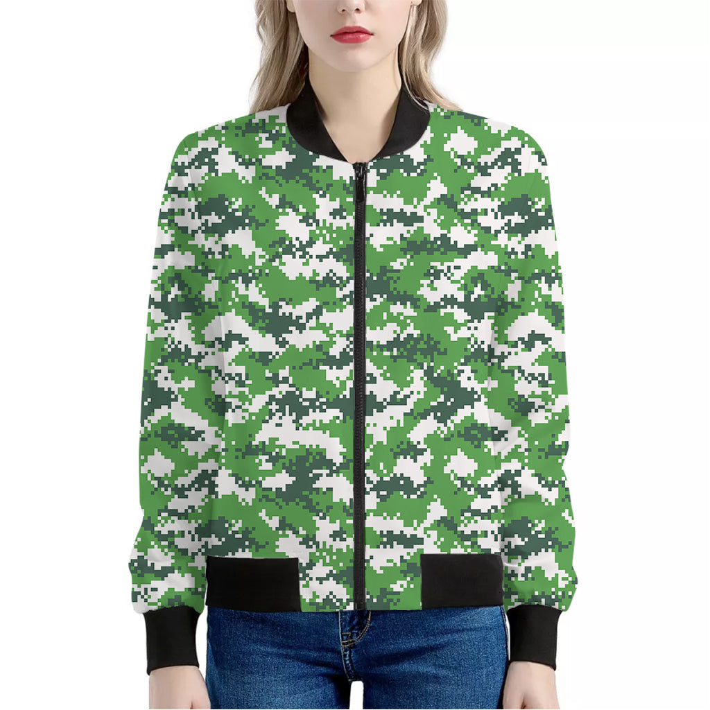 Green And White Digital Camo Print Women's Bomber Jacket