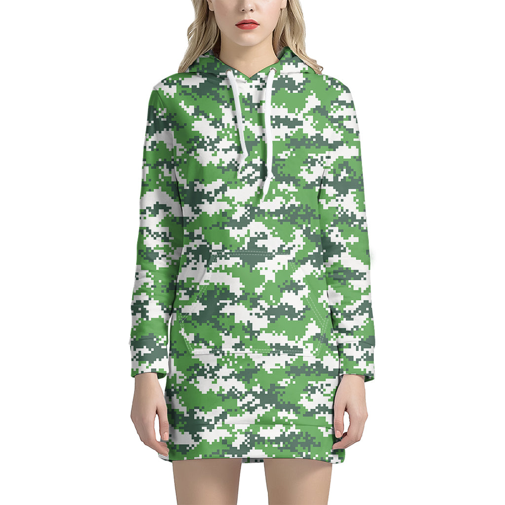 Green And White Digital Camo Print Women's Pullover Hoodie Dress