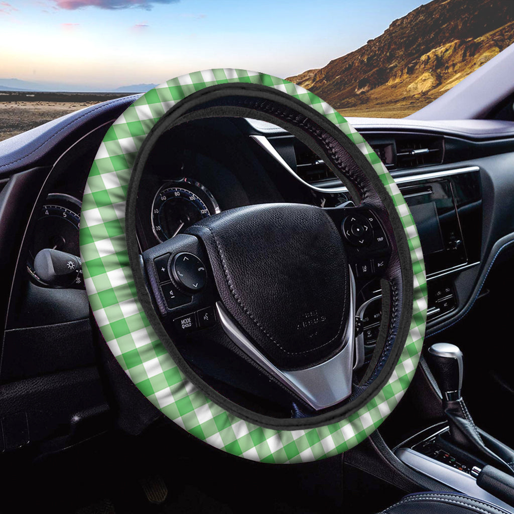 Green And White Gingham Pattern Print Car Steering Wheel Cover