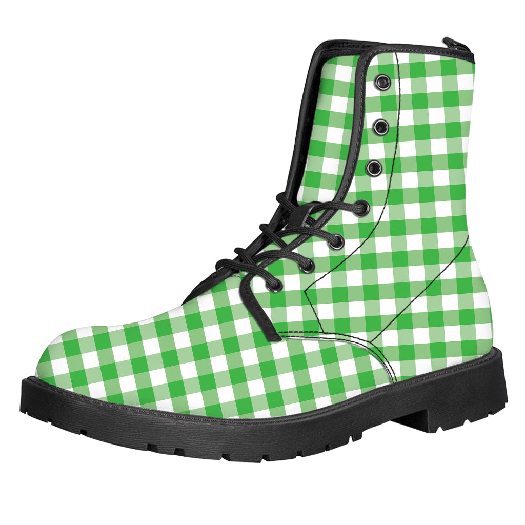 Green And White Gingham Pattern Print Leather Boots