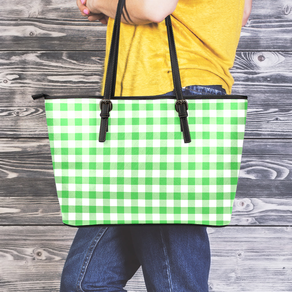 Green And White Gingham Pattern Print Leather Tote Bag
