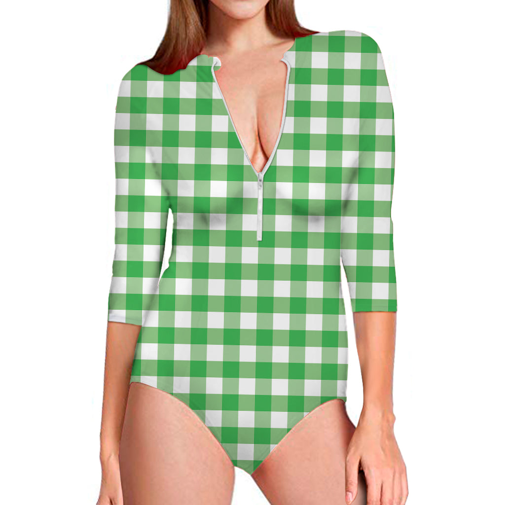 Green And White Gingham Pattern Print Long Sleeve One Piece Swimsuit
