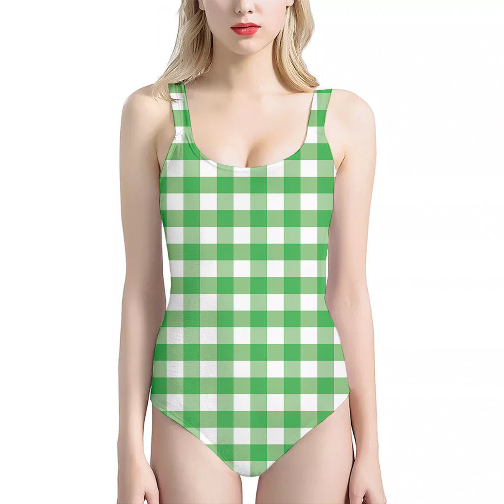 Green And White Gingham Pattern Print One Piece Halter Neck Swimsuit