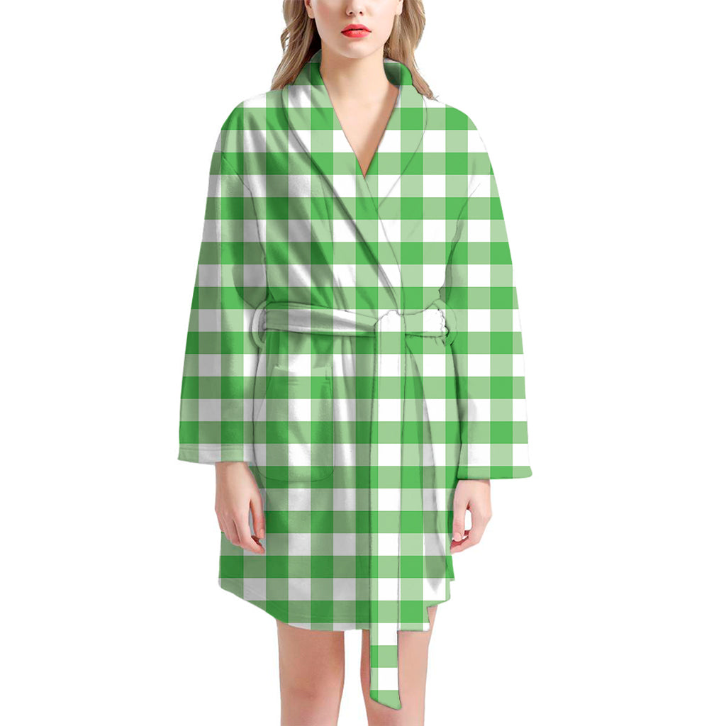 Green And White Gingham Pattern Print Women's Bathrobe