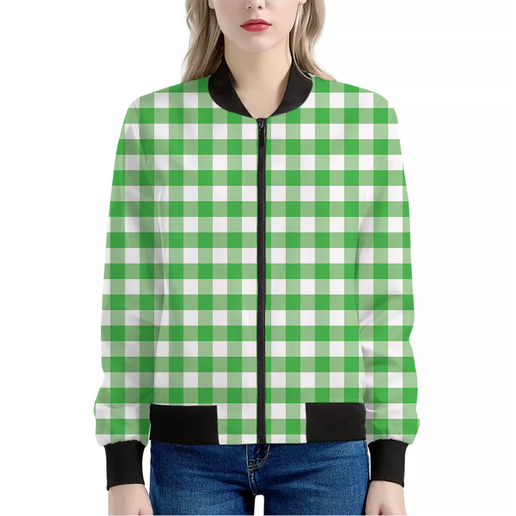 Green And White Gingham Pattern Print Women's Bomber Jacket