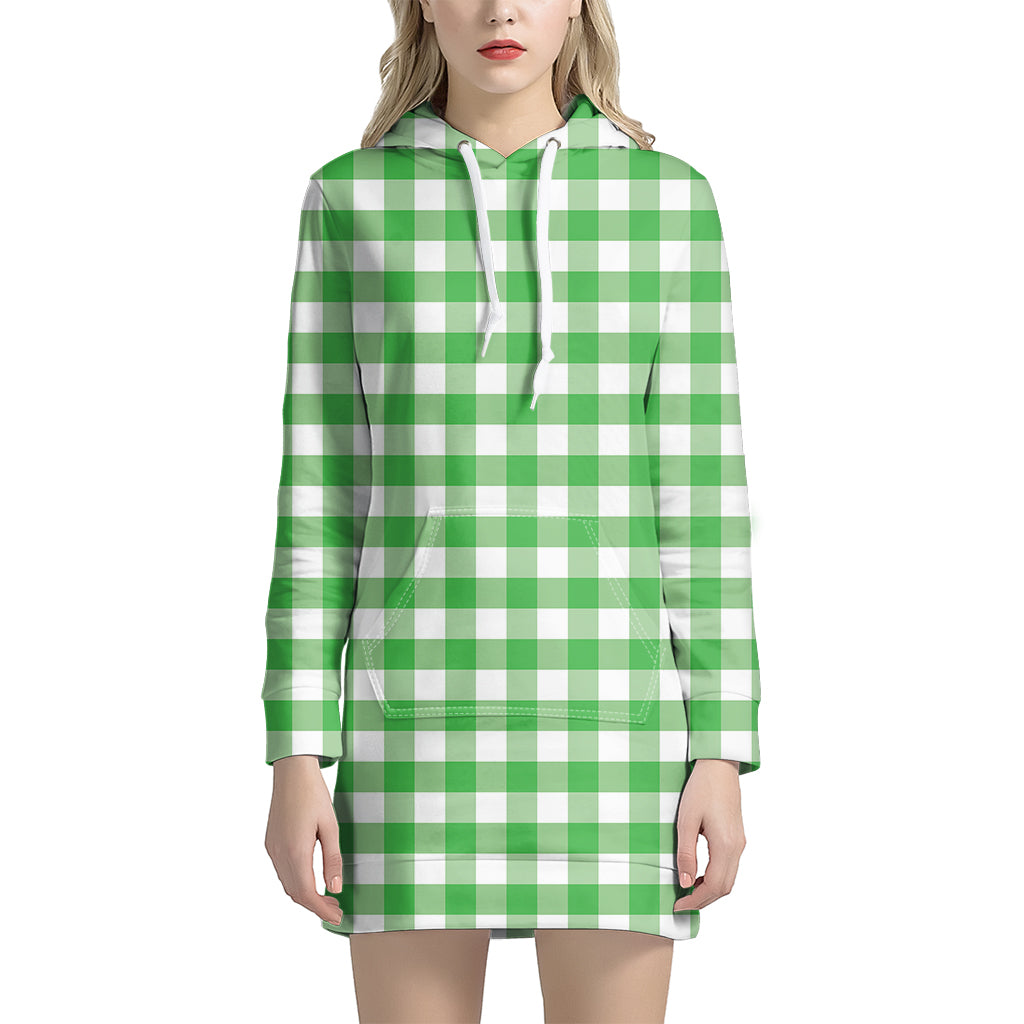 Green And White Gingham Pattern Print Women's Pullover Hoodie Dress