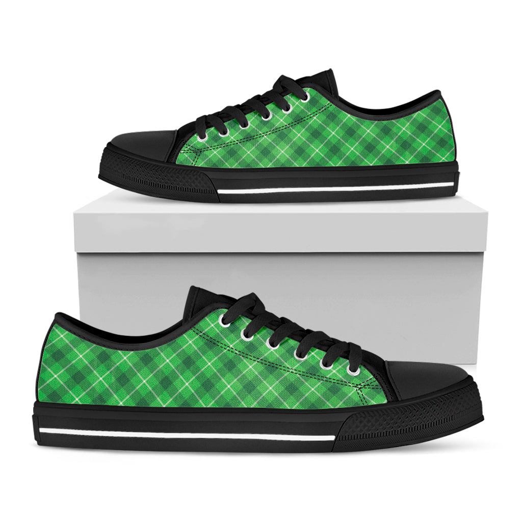 Green And White Plaid Pattern Print Black Low Top Shoes