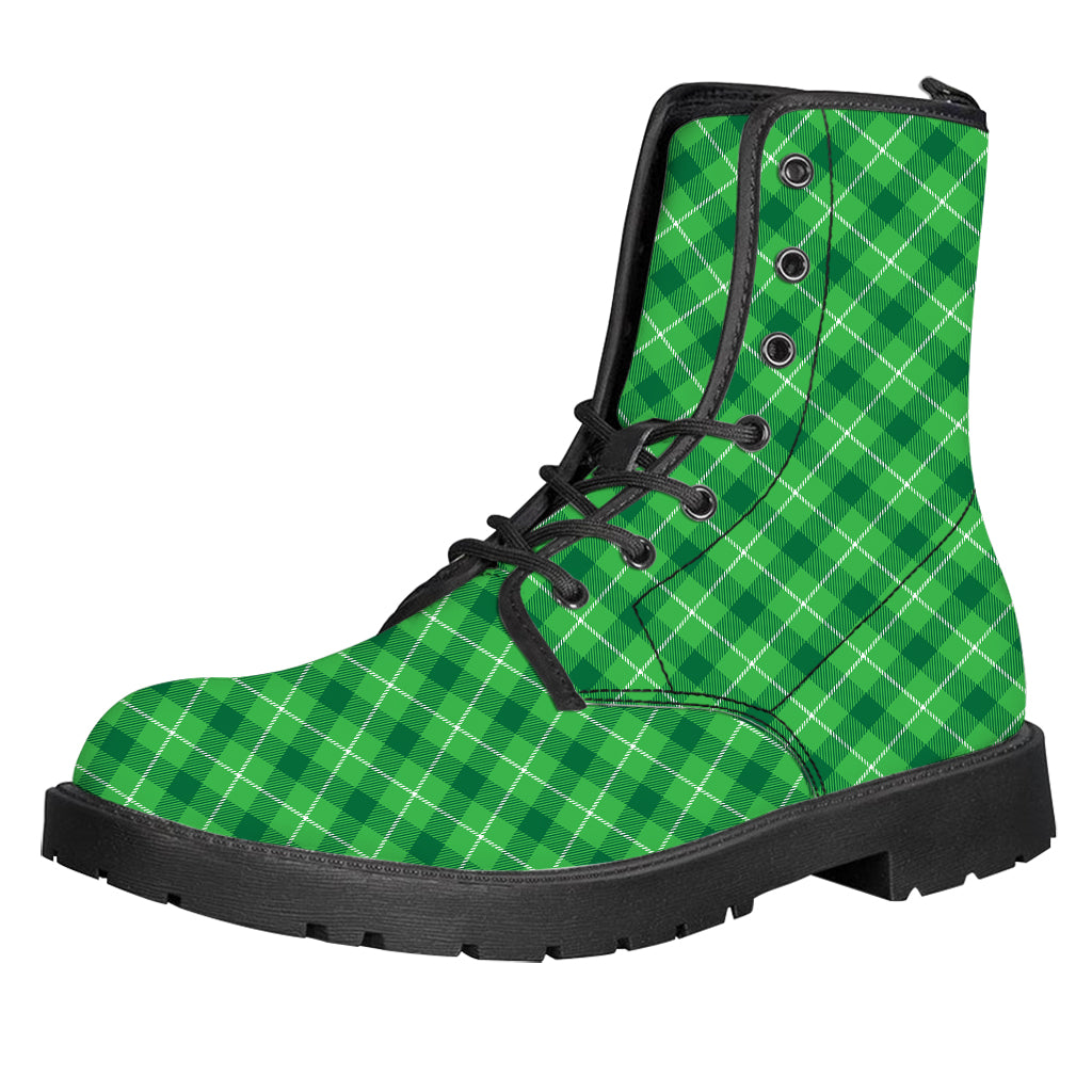 Green And White Plaid Pattern Print Leather Boots