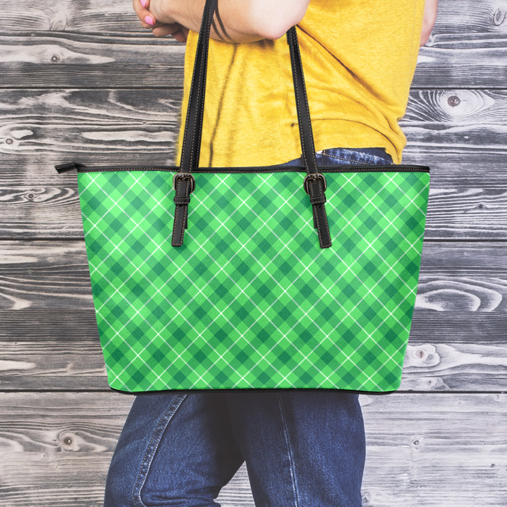 Green And White Plaid Pattern Print Leather Tote Bag