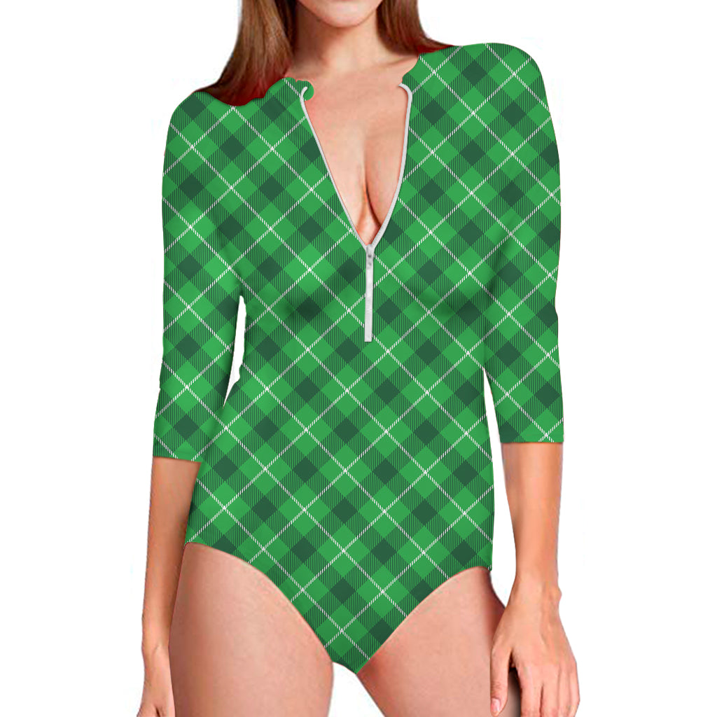 Green And White Plaid Pattern Print Long Sleeve One Piece Swimsuit