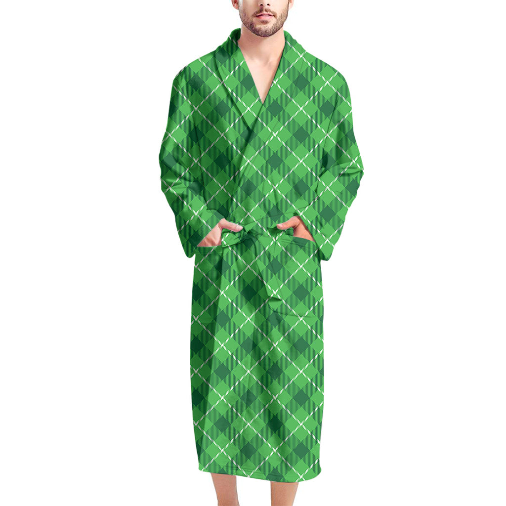 Green And White Plaid Pattern Print Men's Bathrobe