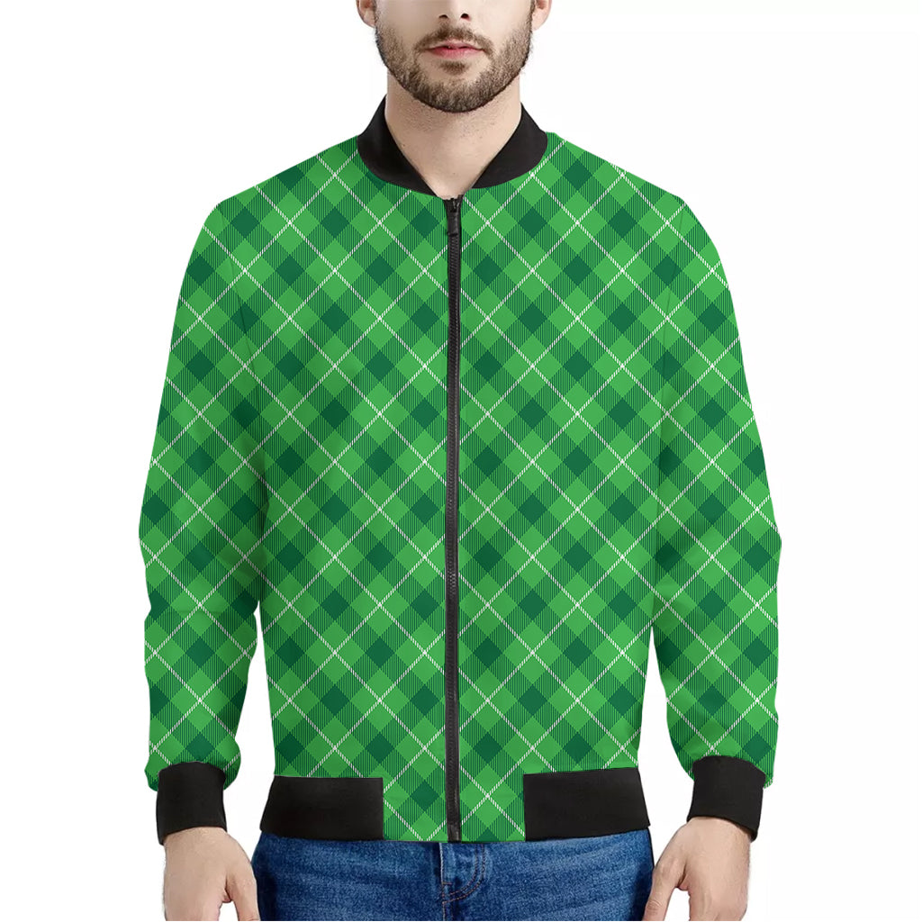 Green And White Plaid Pattern Print Men's Bomber Jacket