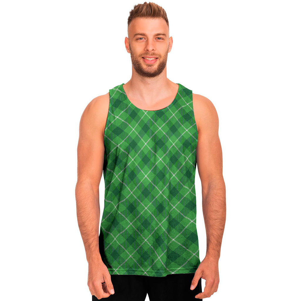 Green And White Plaid Pattern Print Men's Tank Top