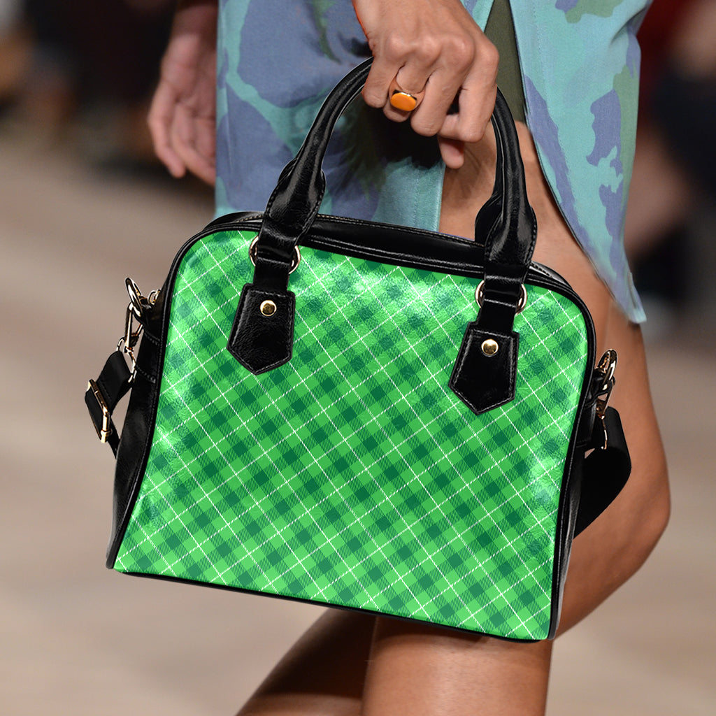 Green And White Plaid Pattern Print Shoulder Handbag