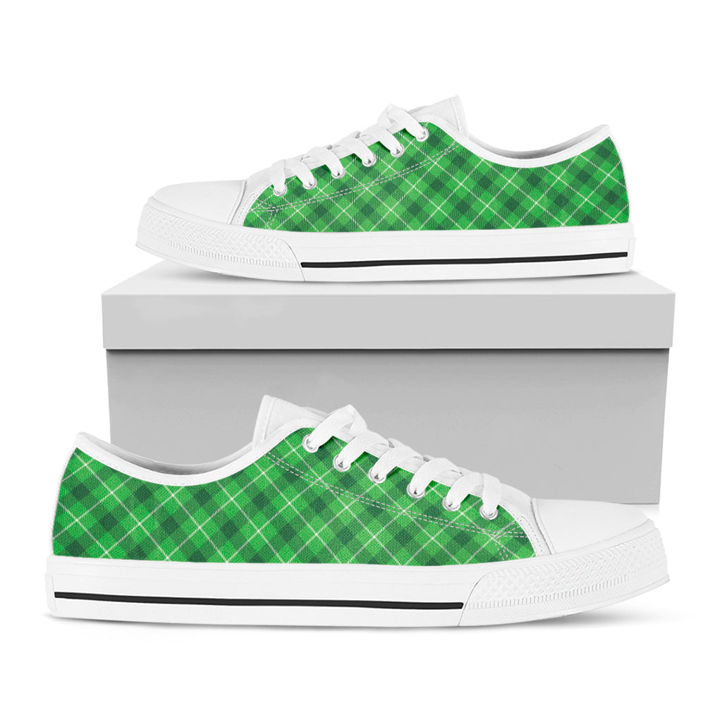 Green And White Plaid Pattern Print White Low Top Shoes