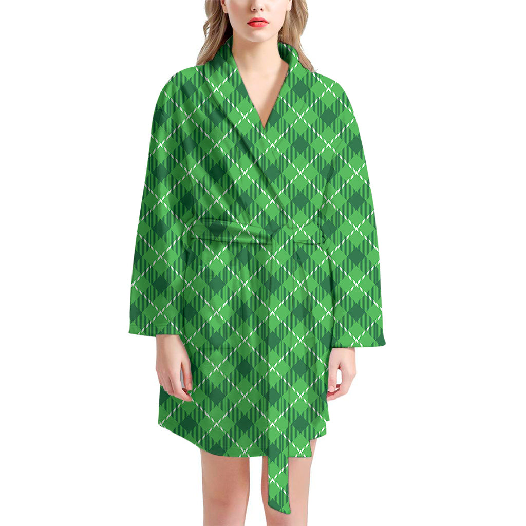 Green And White Plaid Pattern Print Women's Bathrobe