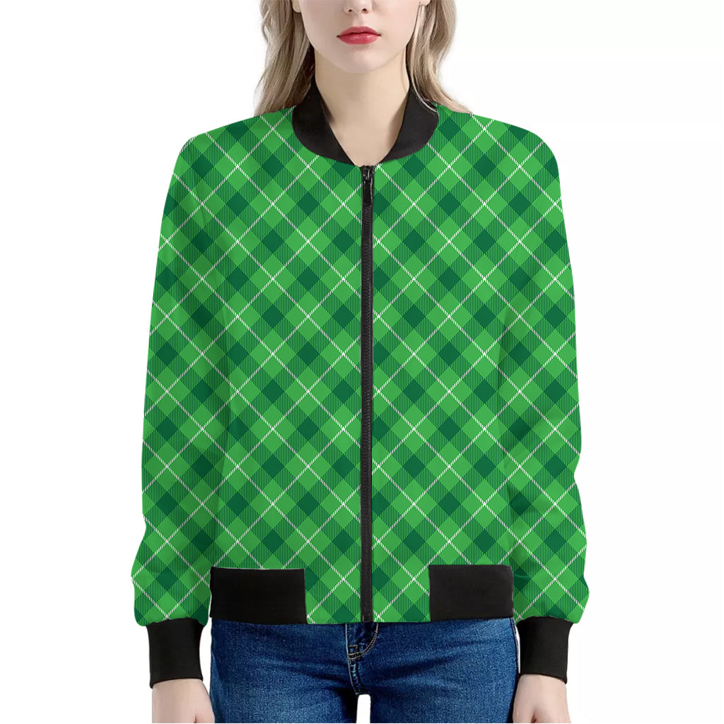 Green And White Plaid Pattern Print Women's Bomber Jacket