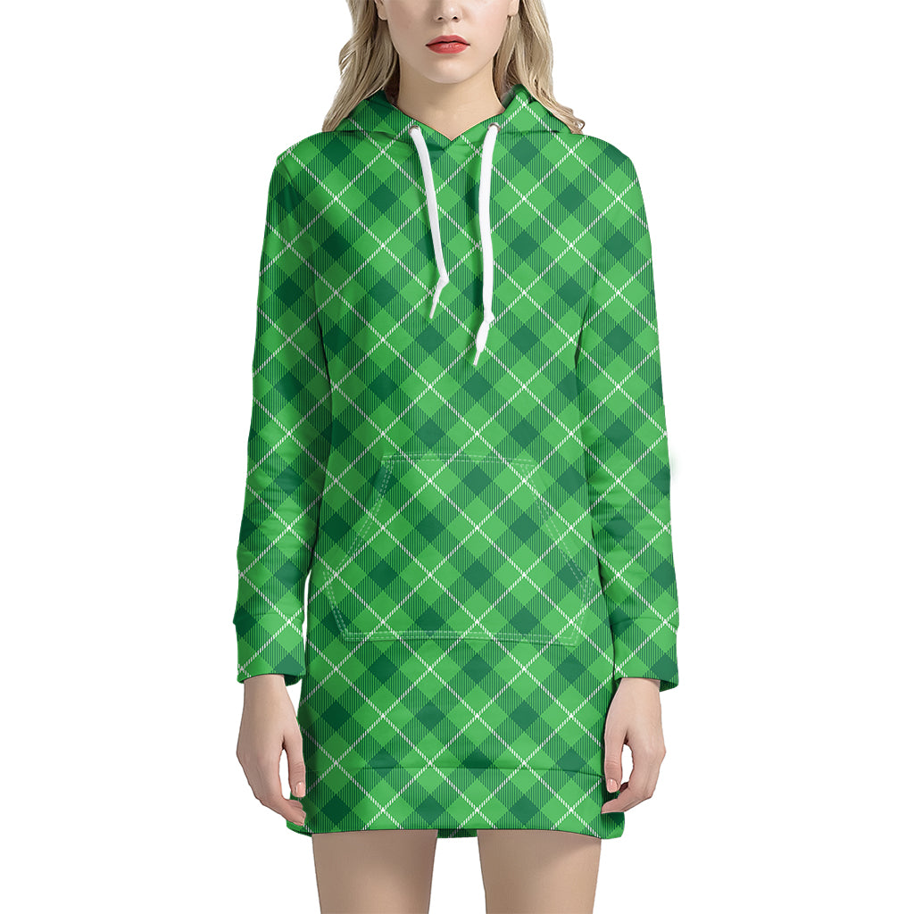 Green And White Plaid Pattern Print Women's Pullover Hoodie Dress