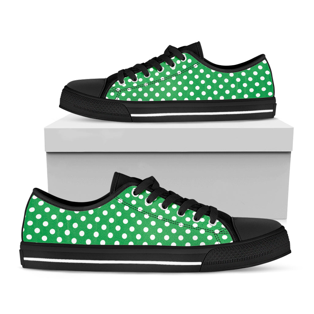 Green And White Polka Dot Pattern Print Black Low Top Shoes