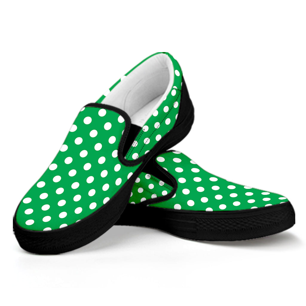 Green And White Polka Dot Pattern Print Black Slip On Shoes