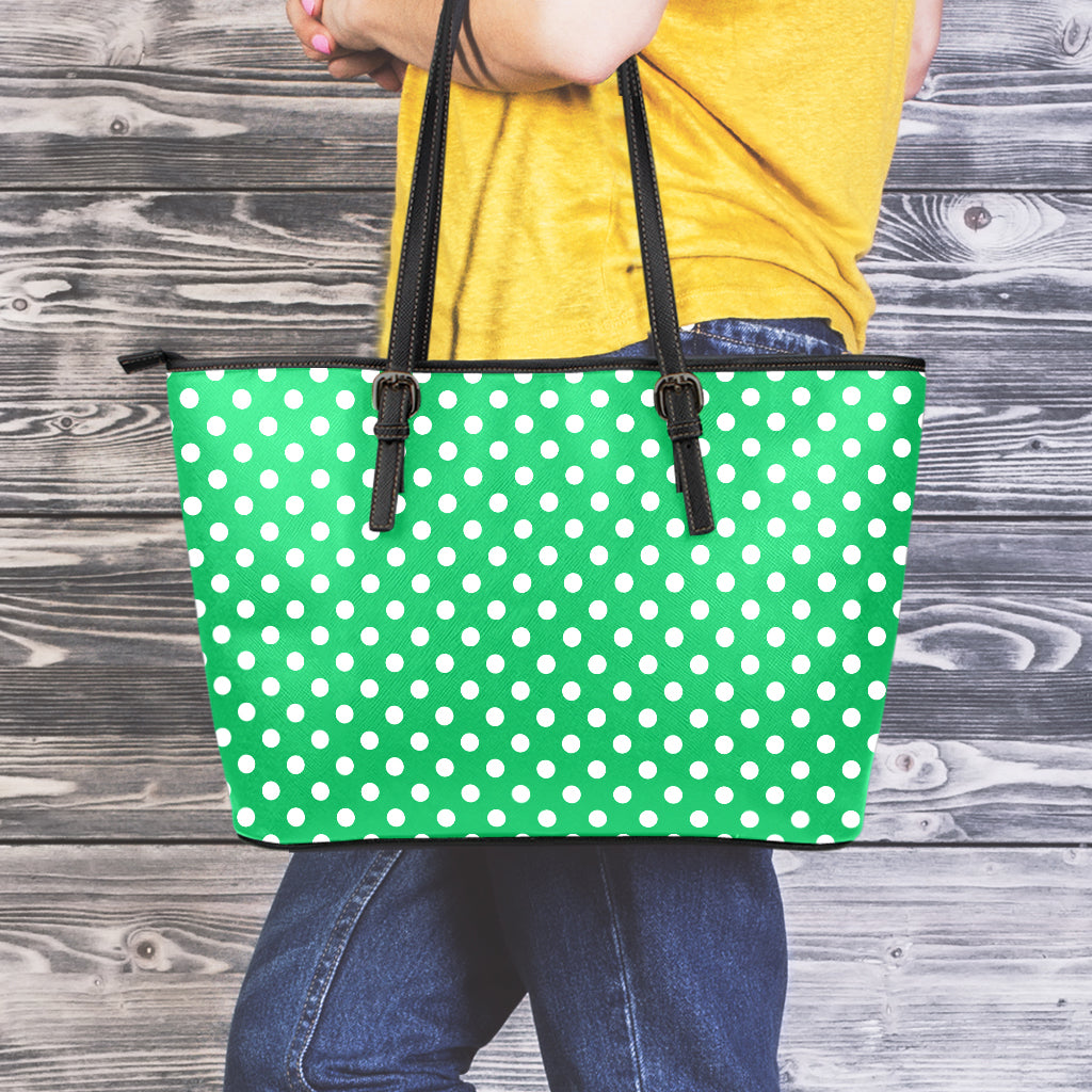 Green And White Polka Dot Pattern Print Leather Tote Bag