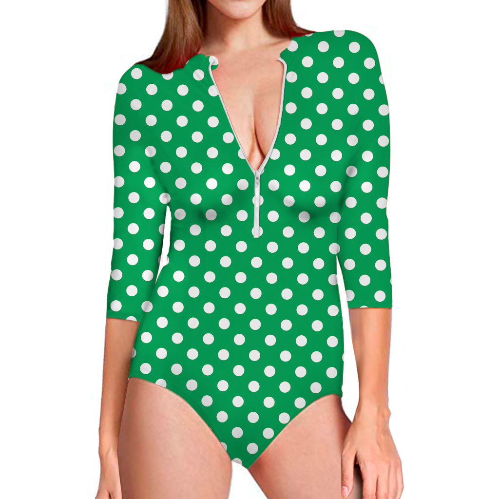 Green And White Polka Dot Pattern Print Long Sleeve One Piece Swimsuit