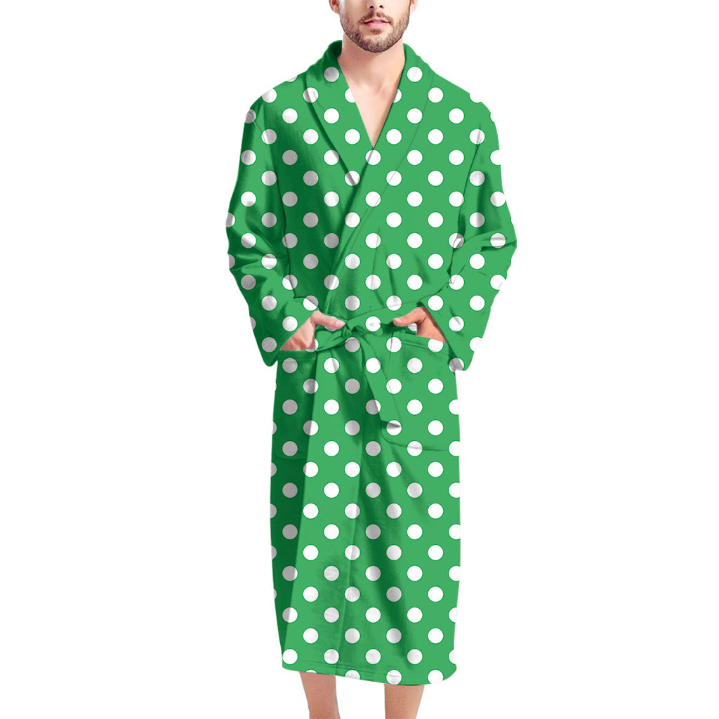 Green And White Polka Dot Pattern Print Men's Bathrobe