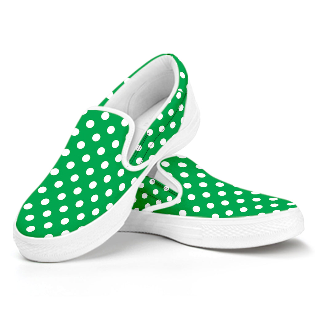 Green And White Polka Dot Pattern Print White Slip On Shoes