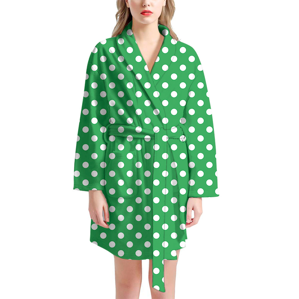 Green And White Polka Dot Pattern Print Women's Bathrobe