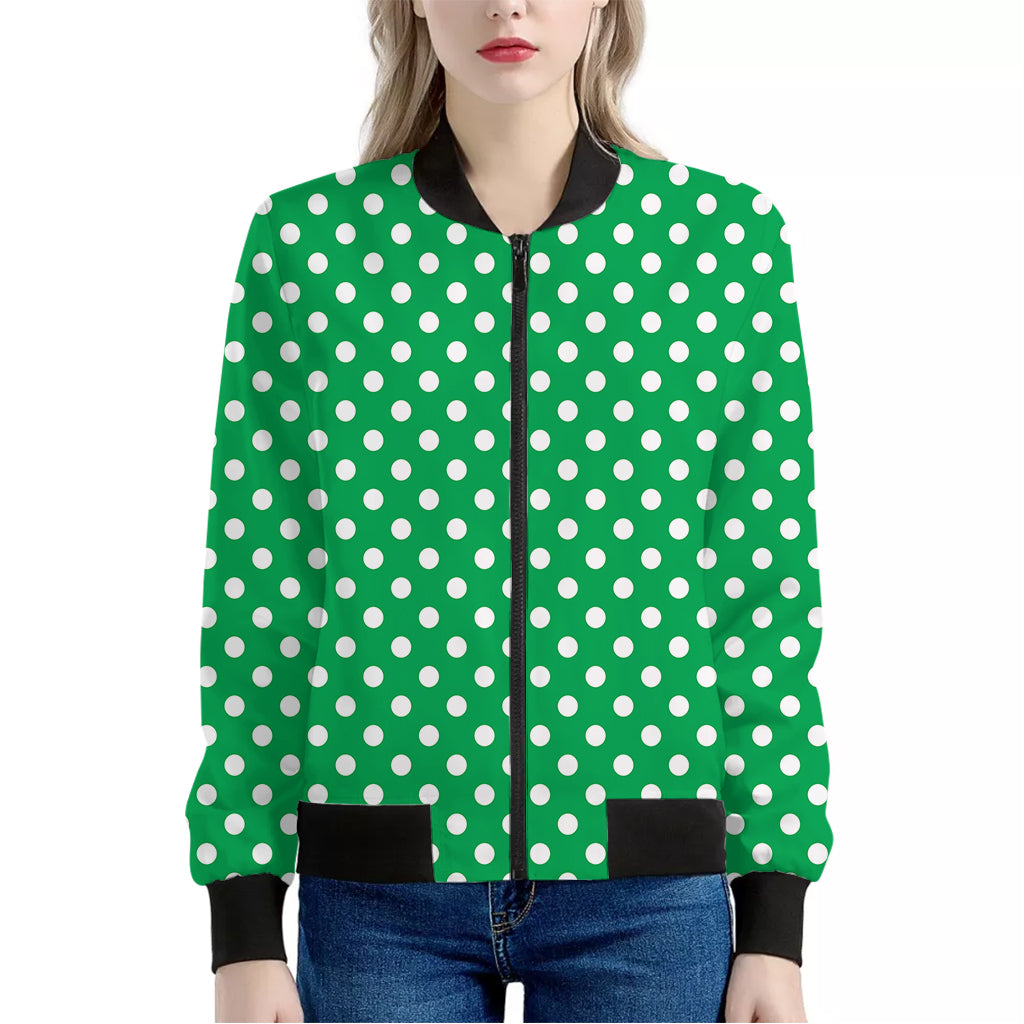 Green And White Polka Dot Pattern Print Women's Bomber Jacket