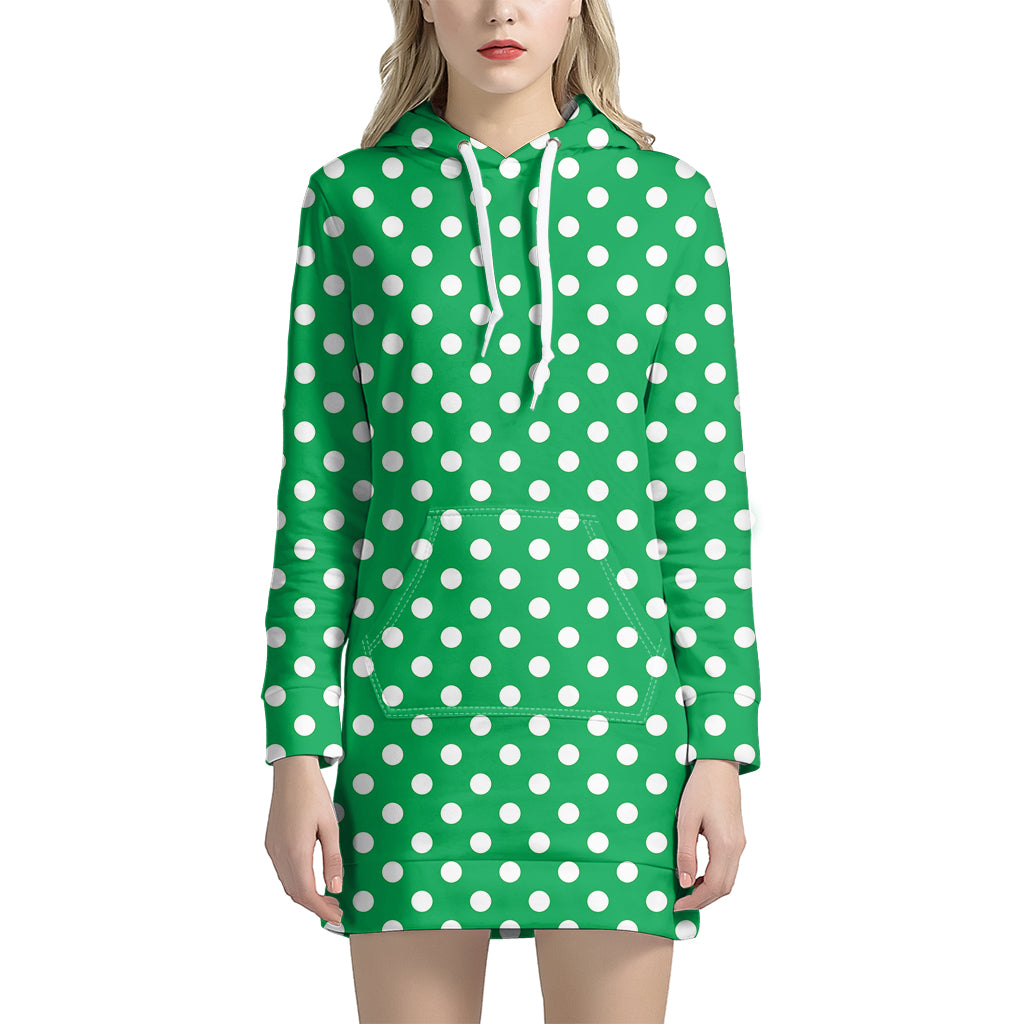 Green And White Polka Dot Pattern Print Women's Pullover Hoodie Dress