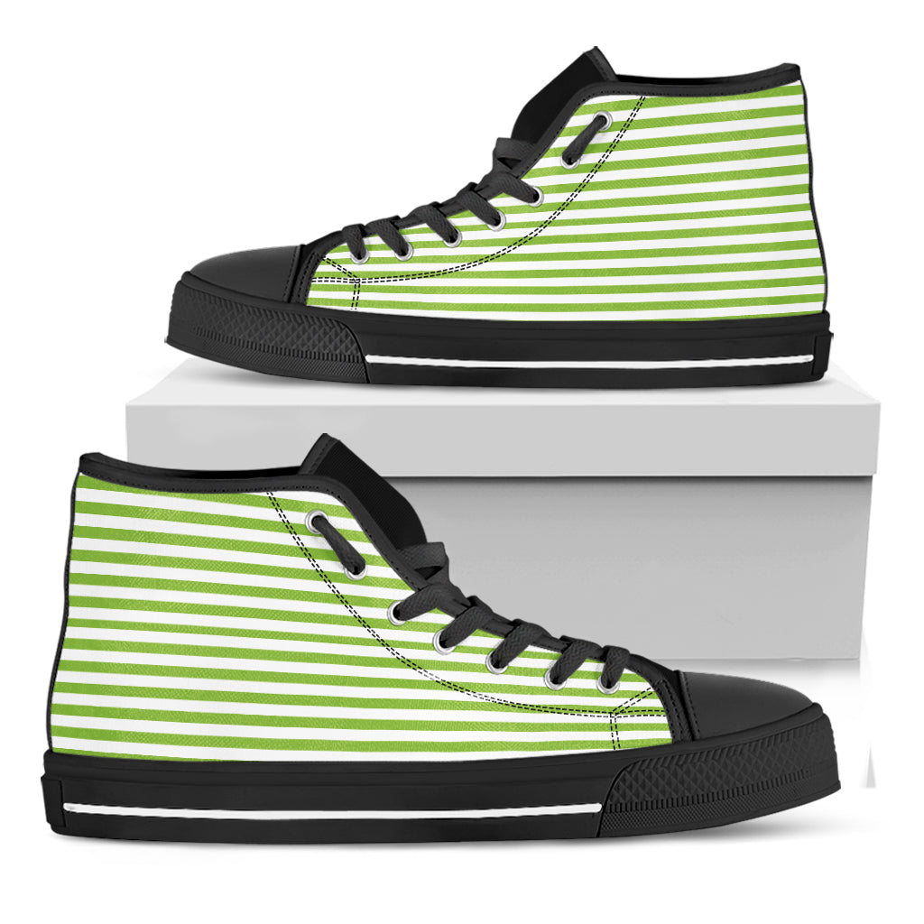 Green And White Striped Pattern Print Black High Top Shoes