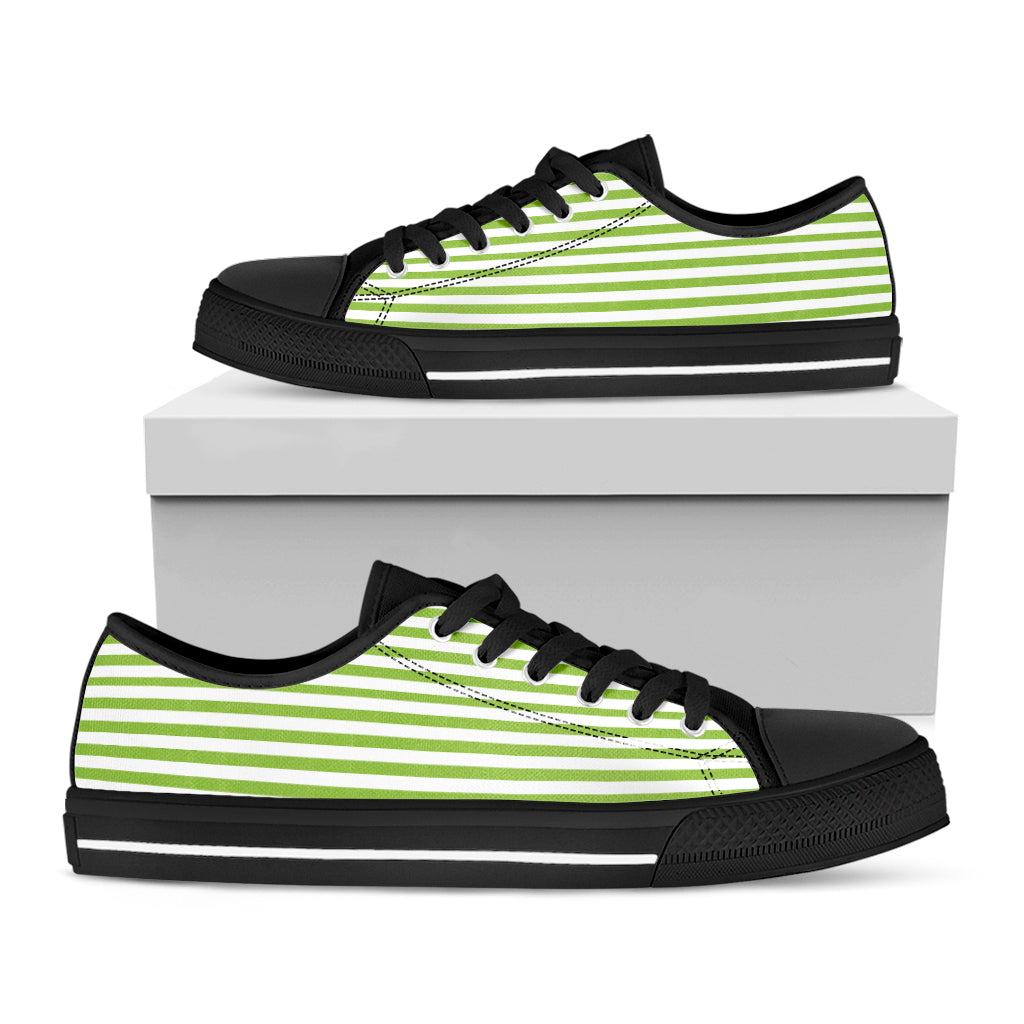 Green And White Striped Pattern Print Black Low Top Shoes