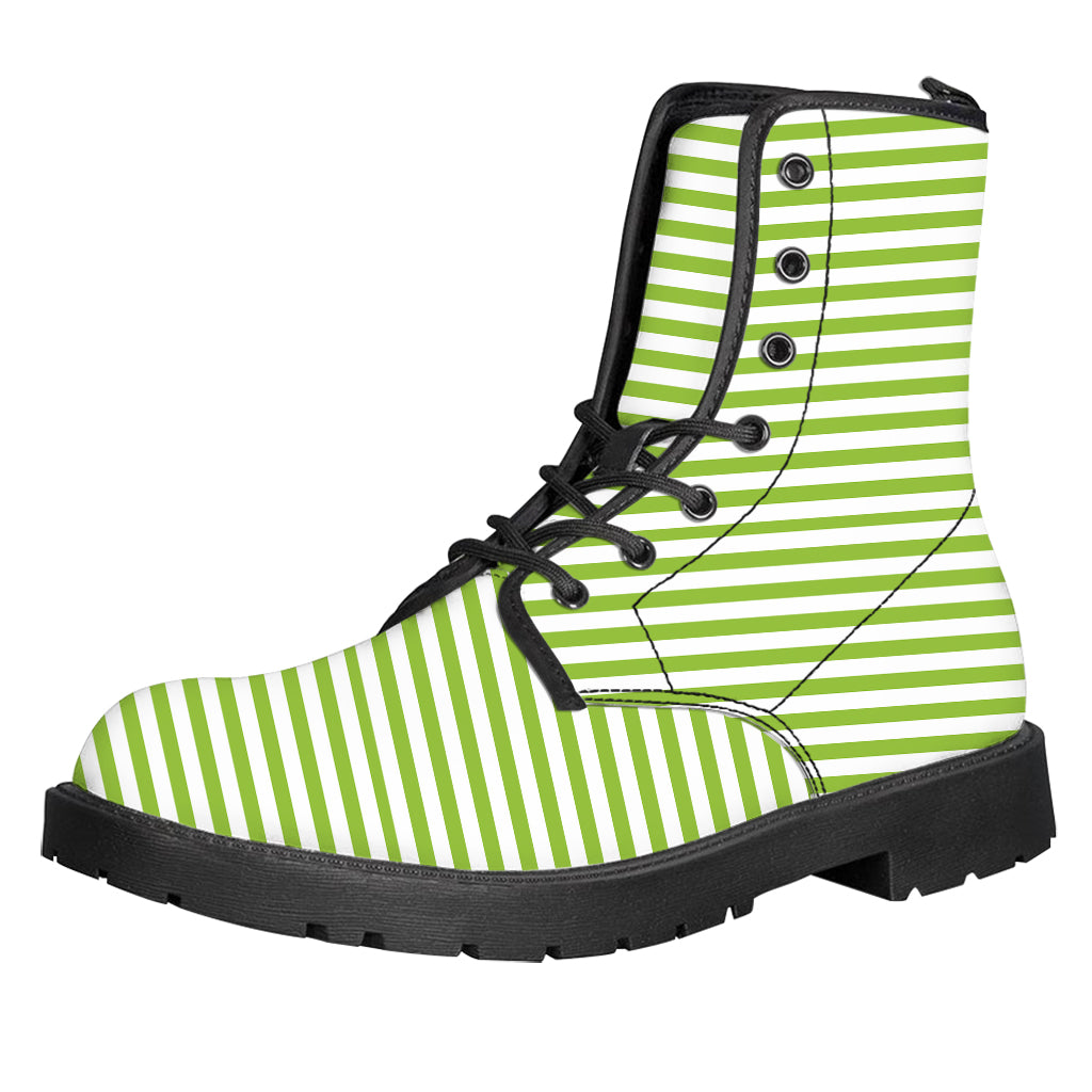 Green And White Striped Pattern Print Leather Boots