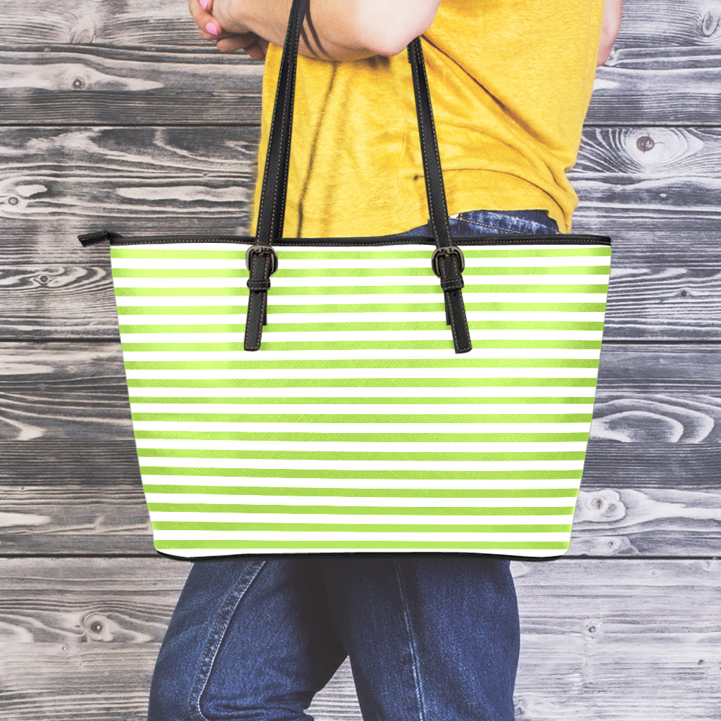 Green And White Striped Pattern Print Leather Tote Bag