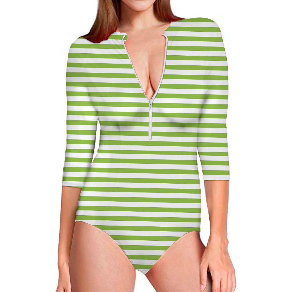 Green And White Striped Pattern Print Long Sleeve One Piece Swimsuit