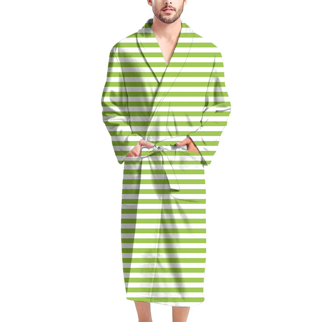 Green And White Striped Pattern Print Men's Bathrobe