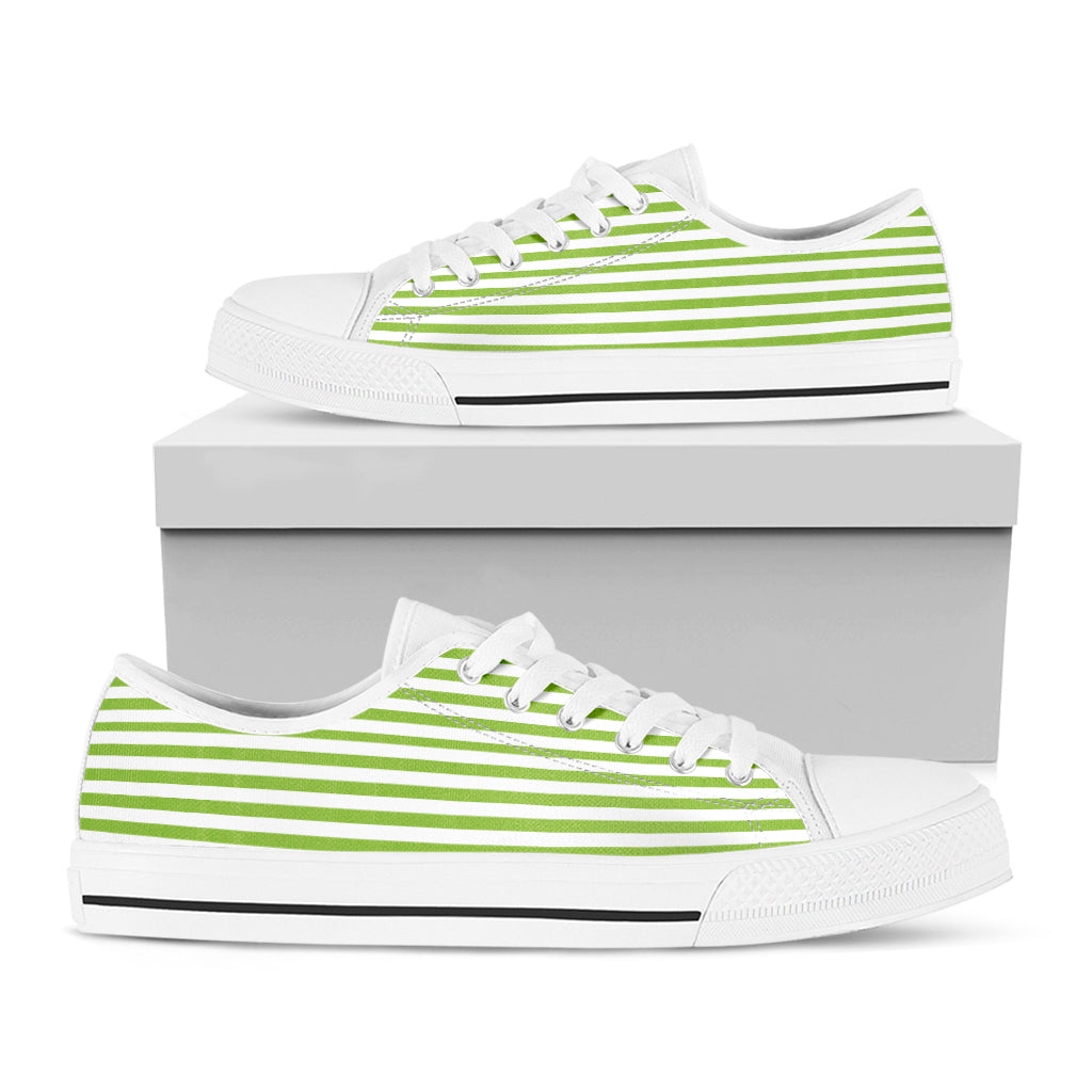 Green And White Striped Pattern Print White Low Top Shoes