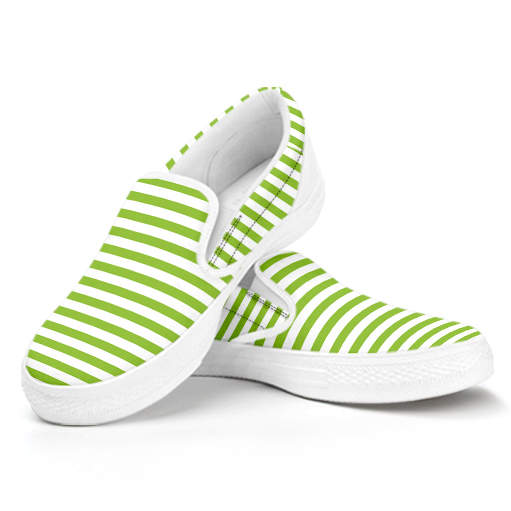 Green And White Striped Pattern Print White Slip On Shoes