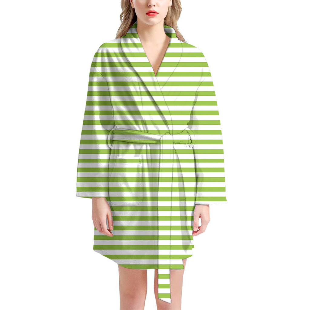 Green And White Striped Pattern Print Women's Bathrobe