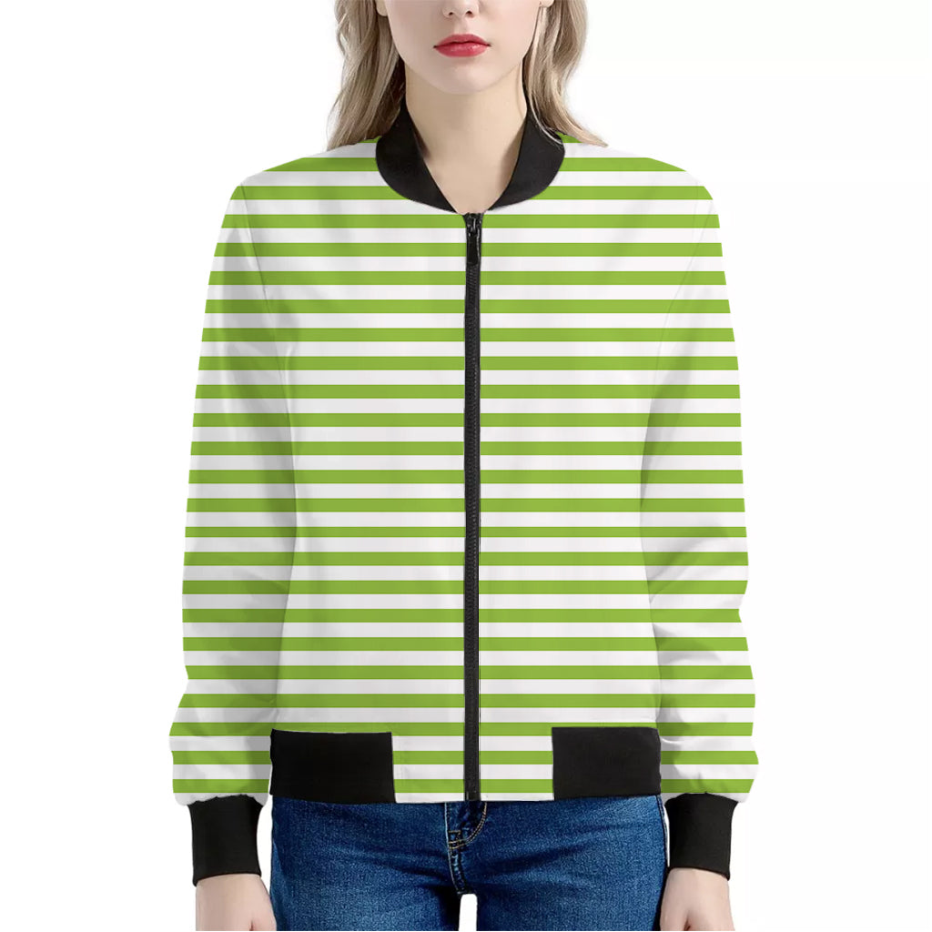 Green And White Striped Pattern Print Women's Bomber Jacket