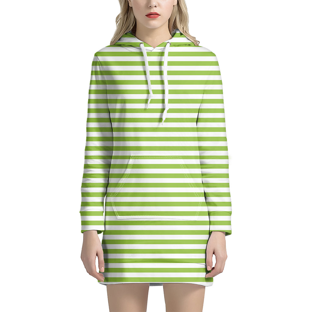 Green And White Striped Pattern Print Women's Pullover Hoodie Dress