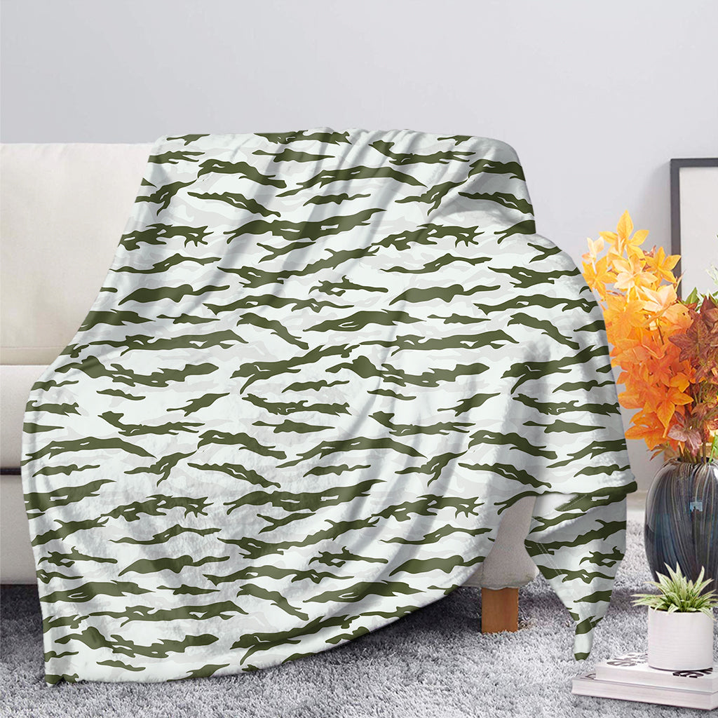 Green And White Tiger Stripe Camo Print Blanket