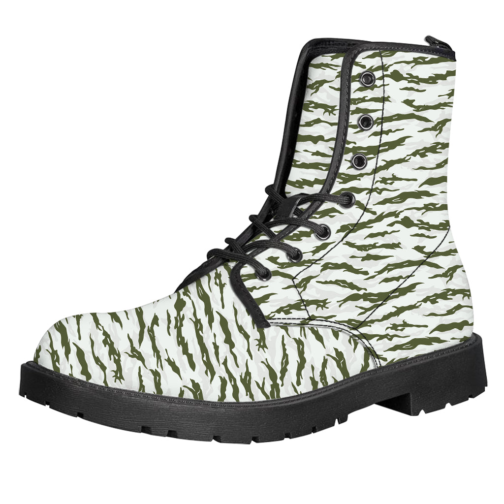 Green And White Tiger Stripe Camo Print Leather Boots