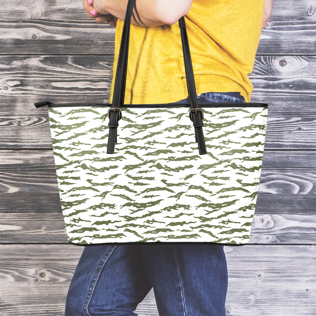 Green And White Tiger Stripe Camo Print Leather Tote Bag